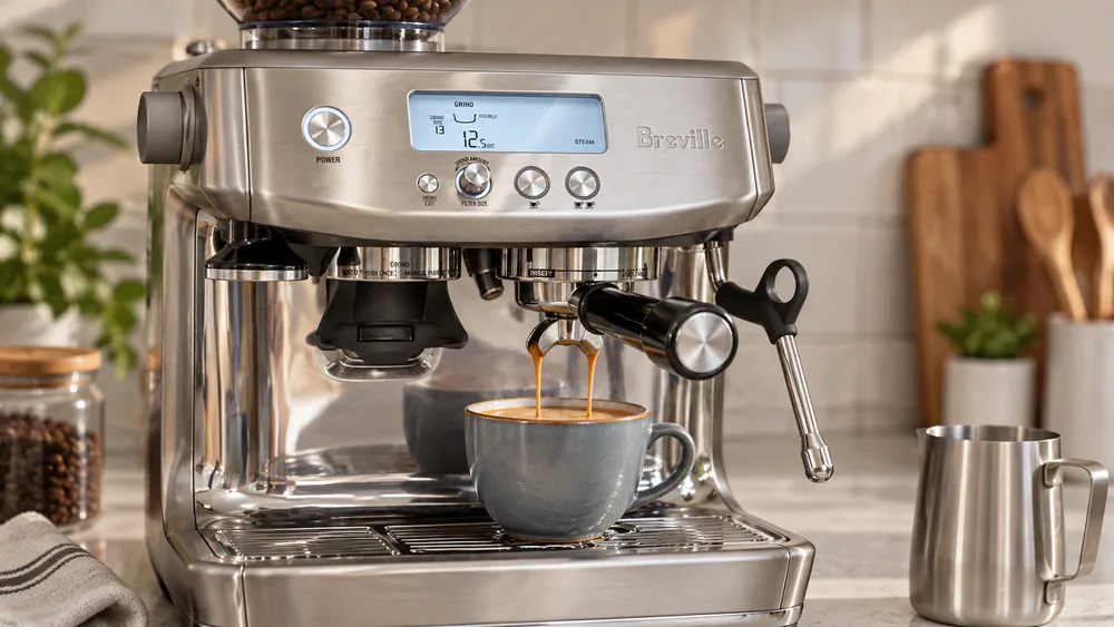 The Breville Barista Pro pouring a double shot into a ceramic cup moments after power-on, steam rising from the group head.