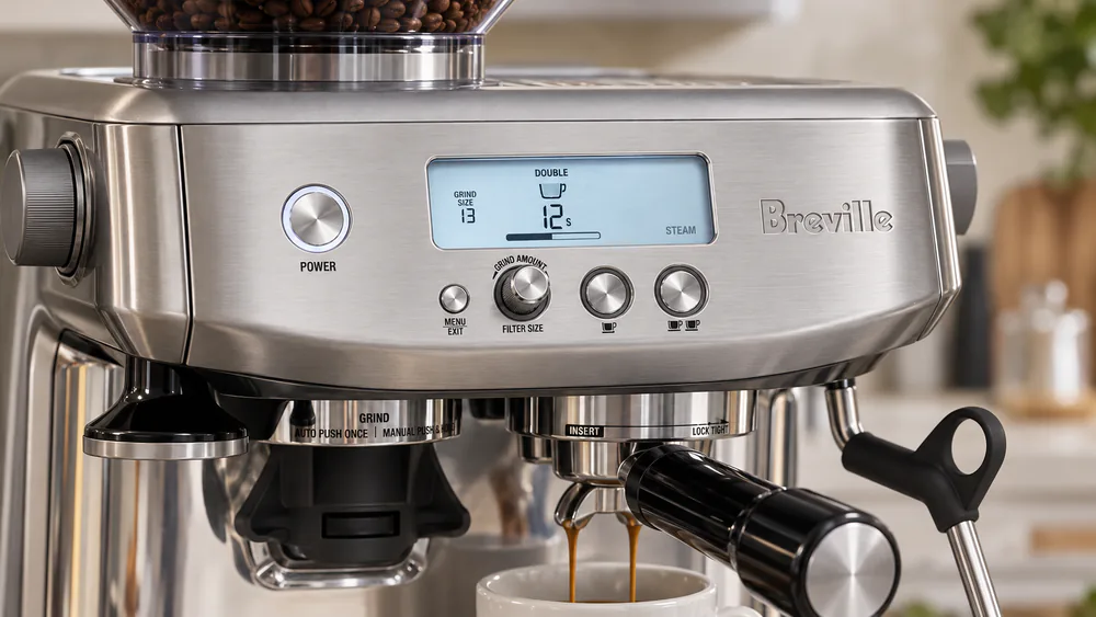 Close-up of the Breville Barista Pro's monochrome LCD panel showing shot time and extraction pressure, with the control dial and buttons below it.
