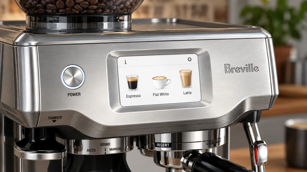 Close-up of the Breville Barista Touch's 4.3-inch full-color touchscreen showing the drink menu with espresso, flat white, and latte options.