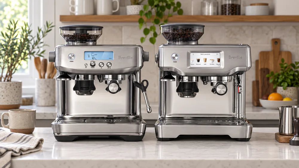 The Breville Barista Pro and Barista Touch side by side on a test-kitchen counter, both in brushed stainless steel with the grinder hopper on the left and the group head in the center.