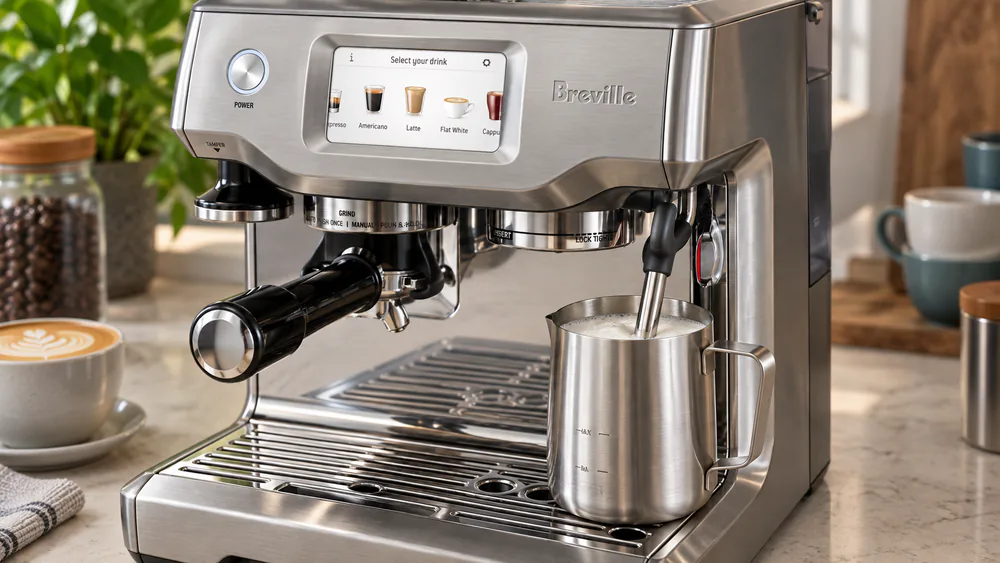 Milk steaming in the Breville Barista Touch's stainless steel jug, with the automatic frothing wand submerged and fine foam forming on the surface.
