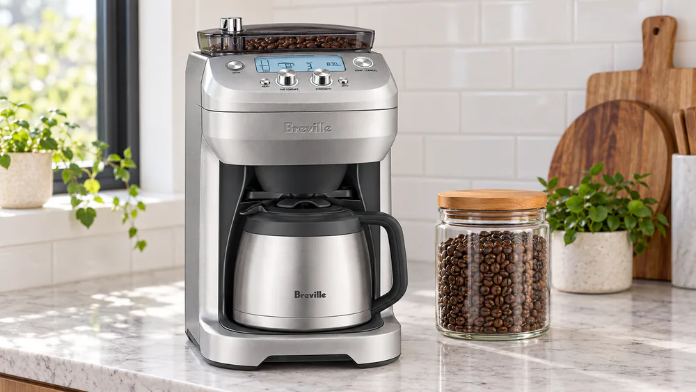 Breville Grind Control BDC650BSS on a kitchen counter with the bean hopper filled and the stainless thermal carafe in place