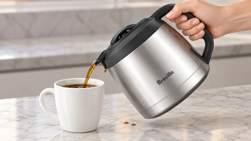 Breville Grind Control stainless thermal carafe mid-pour into a mug, a few drops running down the spout onto the counter