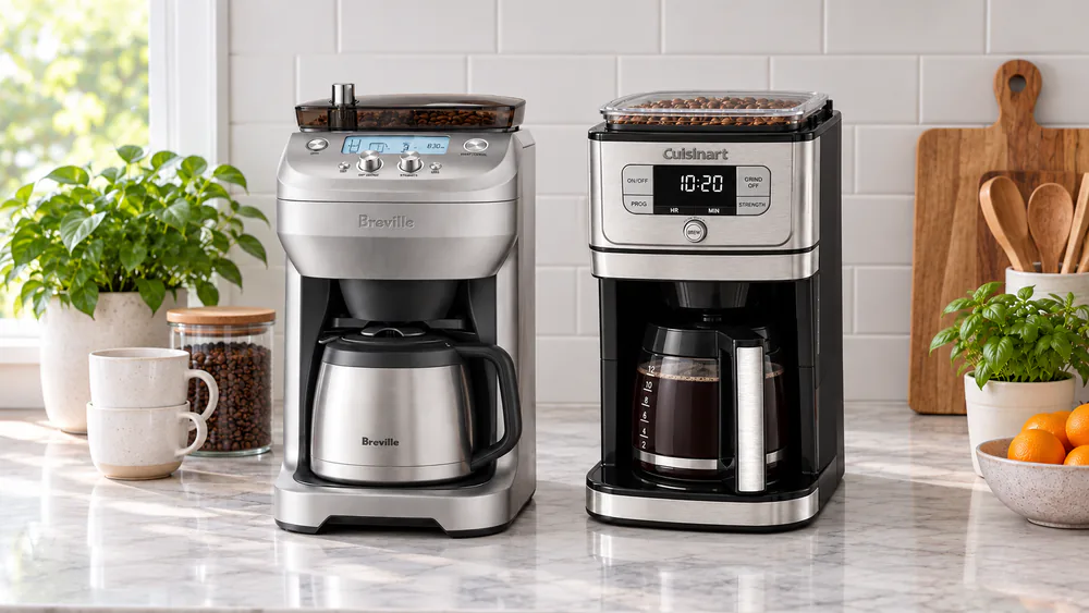 Breville Grind Control and Cuisinart Grind & Brew DGB-800 side by side on a counter, thermal carafe next to glass carafe