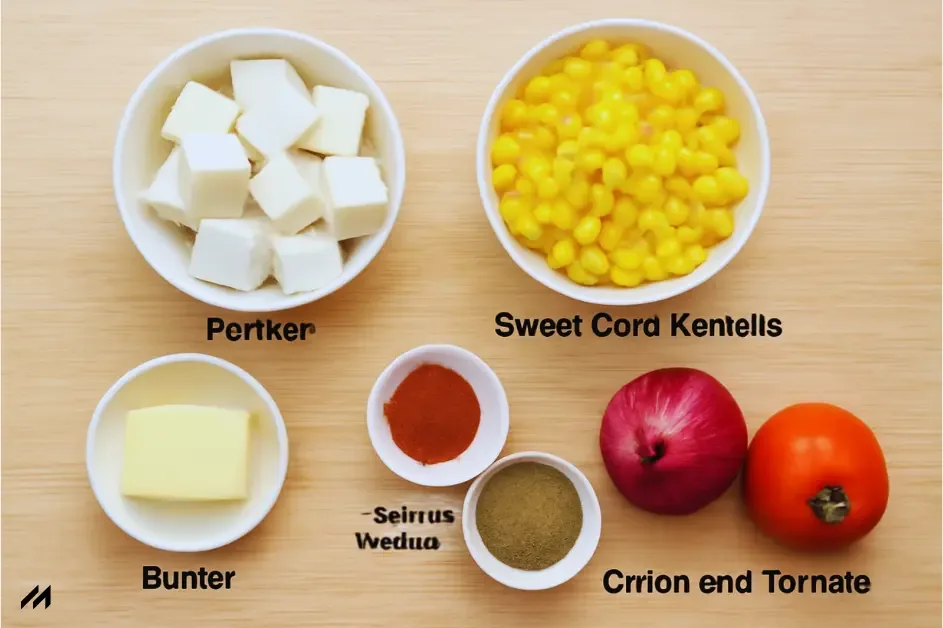 Ingredients for Butter Paneer Corn: Paneer cubes, sweet corn kernels, butter, tomatoes, onion, and spices like red chili powder and garam masala arranged on a wooden surface for preparation.