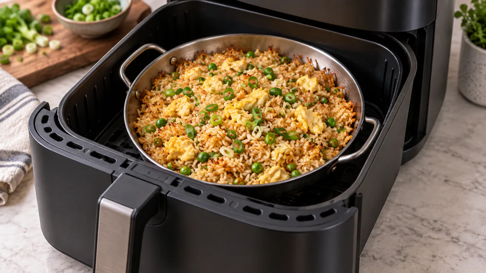 Air fryer fried rice with egg, peas, and scallions, browned at the edges.