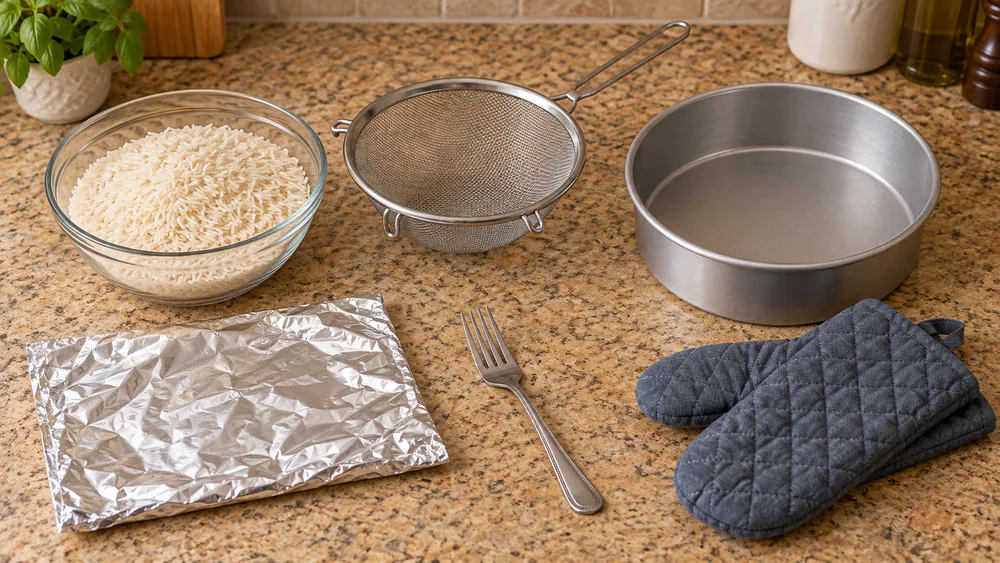 Rice, a sieve, a cake pan, and aluminum foil laid out on a kitchen counter.