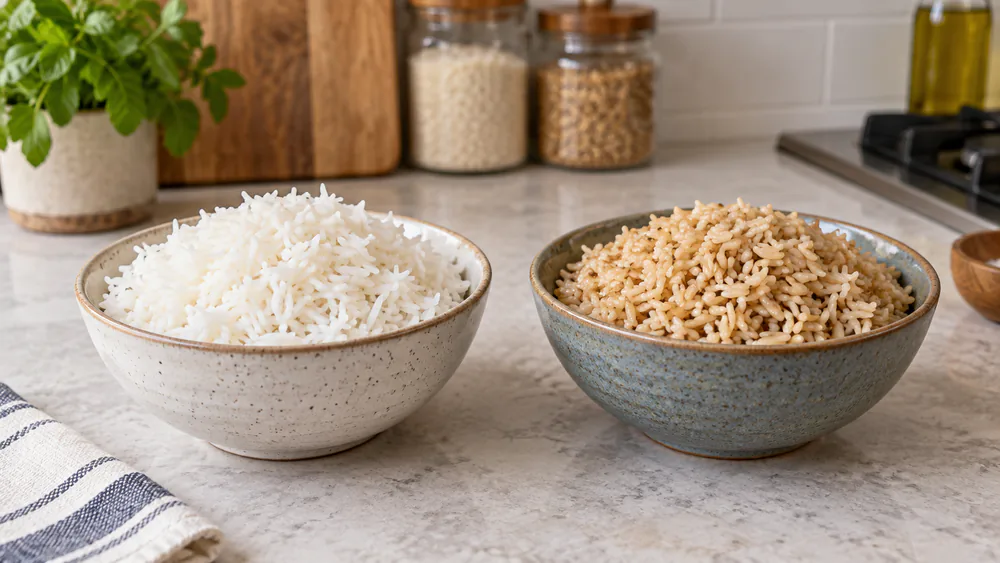 Two bowls of air-fryer rice, fluffy white and nutty brown.