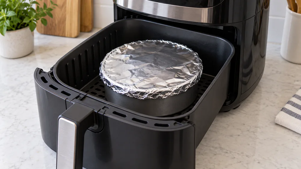 An oven-safe cake pan sealed with aluminum foil sitting inside an open air fryer basket.