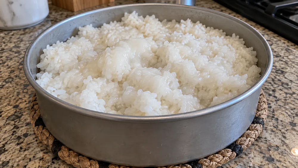 Clumped, gummy rice in a cake pan, the sign of too much water.