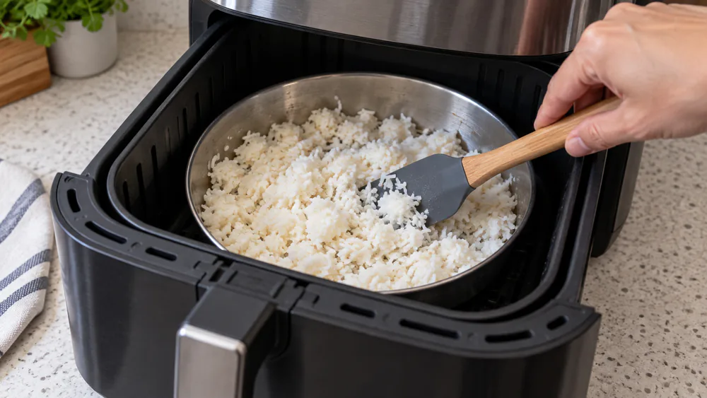 Leftover rice in an air fryer basket, being stirred with a spatula.