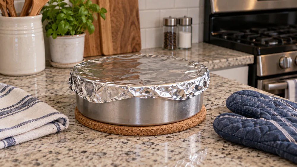 A foil-covered cake pan of cooked rice resting on a countertop.
