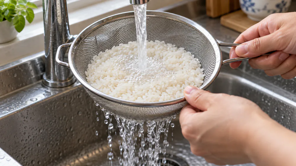 Rinsing white rice in a sieve under a running kitchen tap.