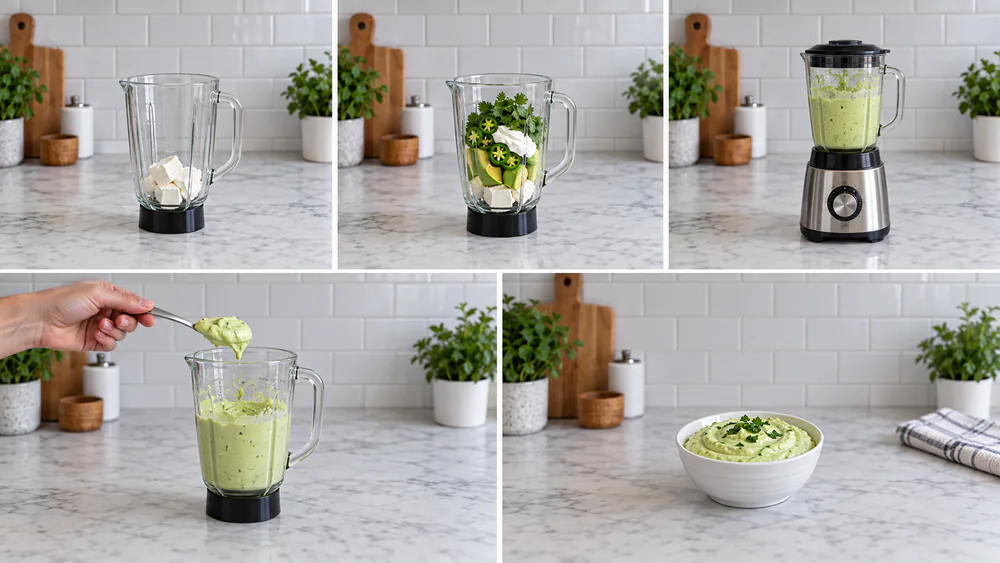Five-step process collage showing how to make Cardi B dip from blending cream cheese to finished avocado jalapeño dip