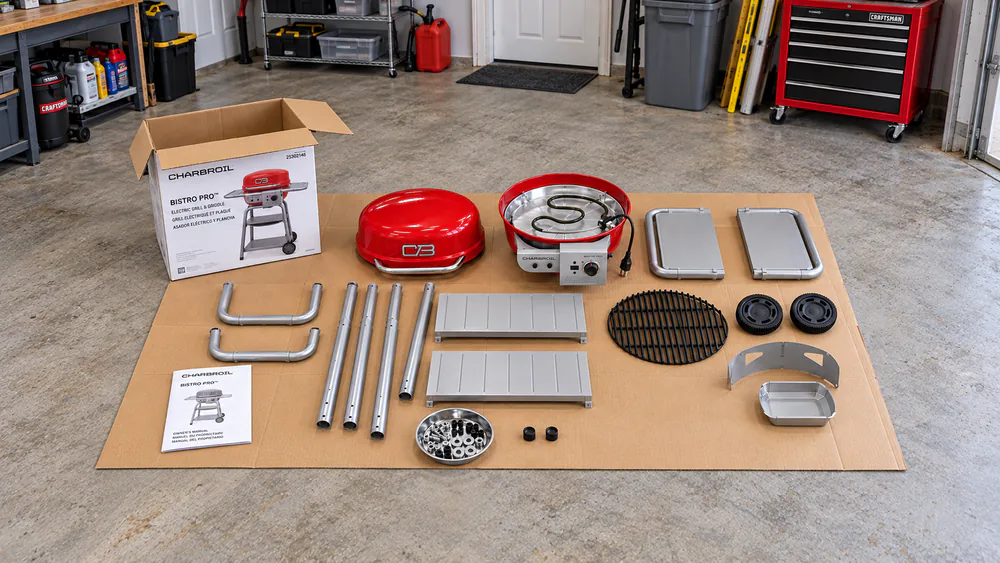 Char-Broil Bistro Pro parts and hardware laid out on a garage floor beside the open box and instruction manual before assembly