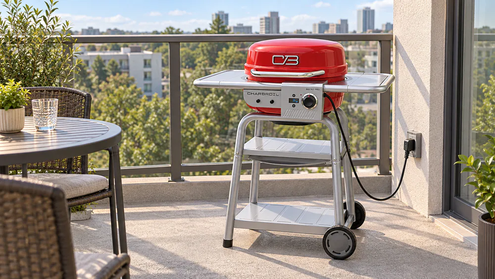 The Char-Broil Bistro Pro electric grill on a small apartment balcony beside a patio table