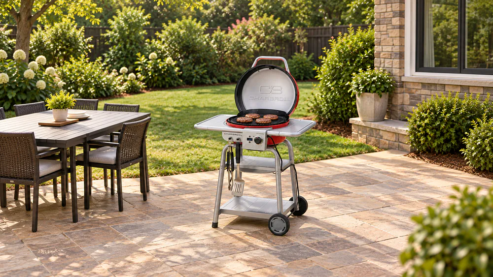 Burger patties cooking on the porcelain-coated grates of the Char-Broil Bistro Pro with the lid open