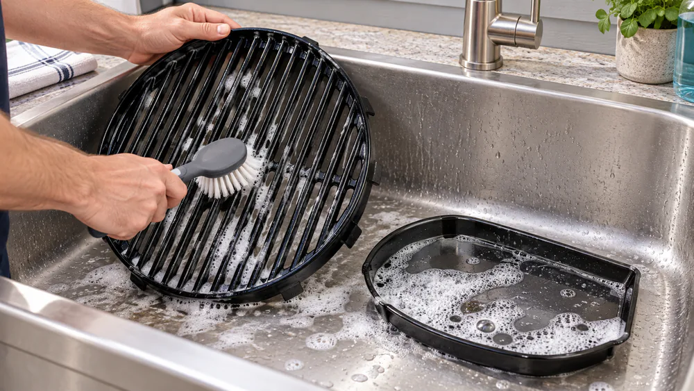 The removable grease tray and porcelain-coated grate from the Char-Broil Bistro Pro being washed in a utility sink with a soft brush