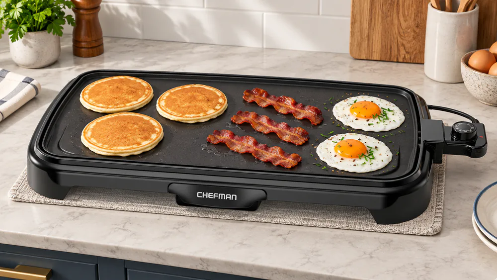 Chefman 10x20 electric griddle on a kitchen counter with rows of pancakes, bacon, and eggs cooking side by side