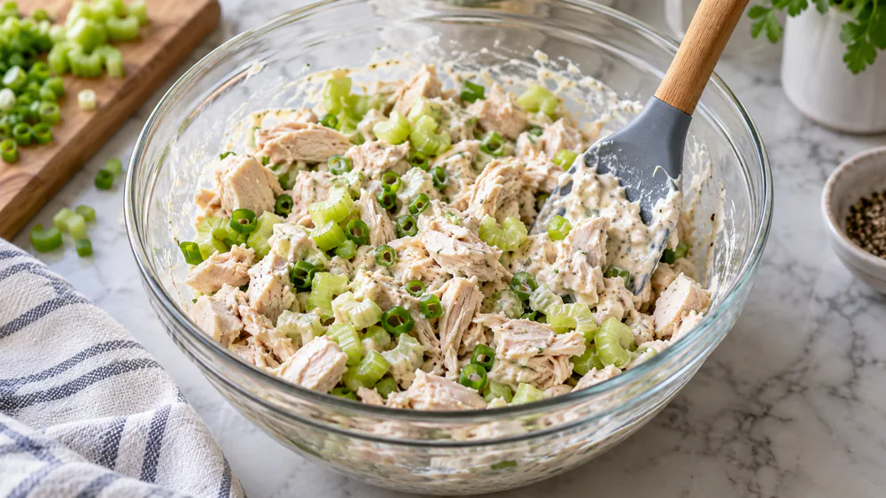 A spatula folding creamy dressing into chopped chicken, diced celery, and green onion in a clear glass mixing bowl.