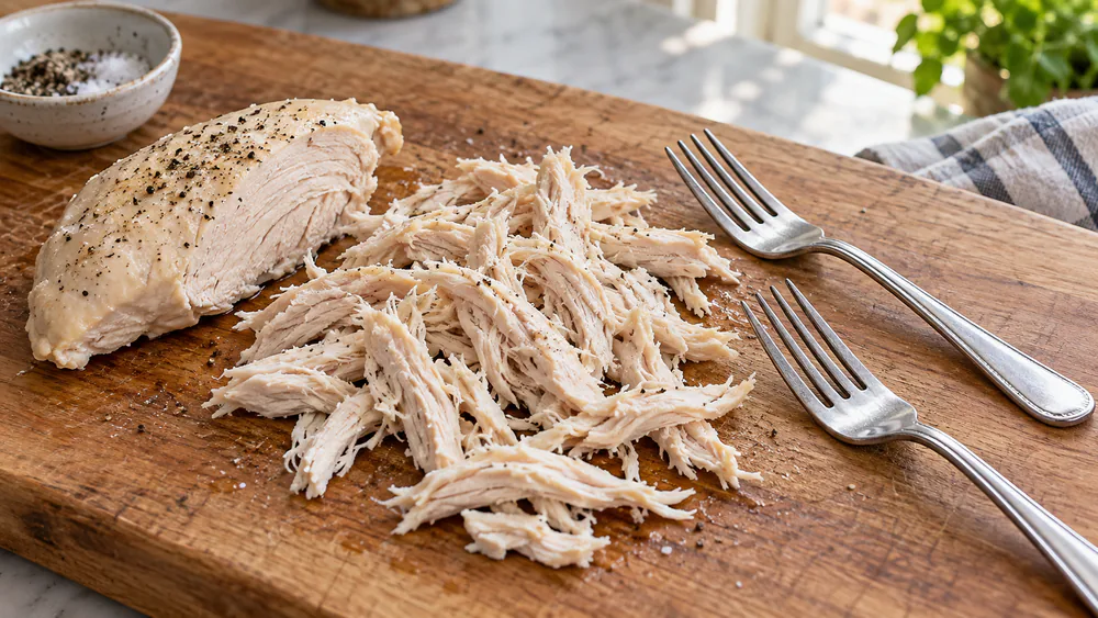 A poached chicken breast pulled apart into tender shreds on a wooden cutting board next to two forks.