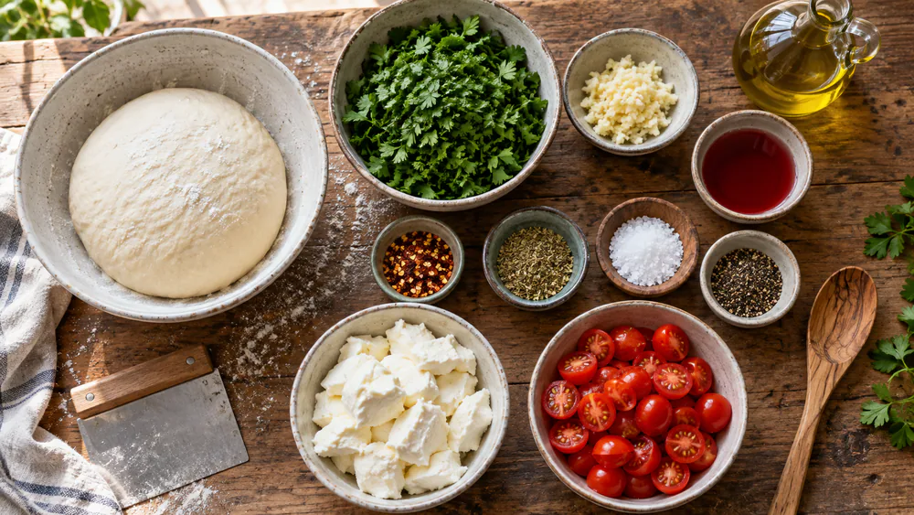 Overhead view of chimichurri pizza ingredients on a wood board: chopped parsley, minced garlic, olive oil, fresh mozzarella, halved cherry tomatoes, and a ball of pizza dough.