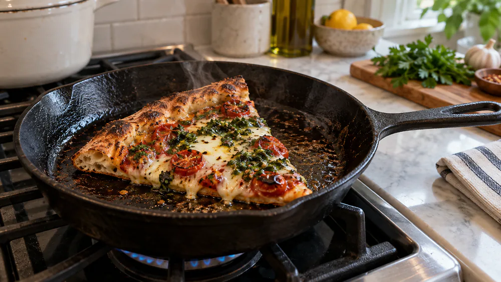 A single leftover slice of chimichurri pizza reheating in a cast-iron skillet, cheese glossy and crust crisping at the edges.