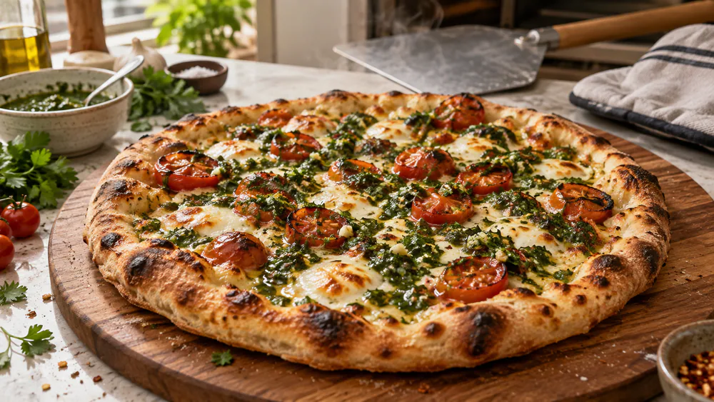 A baked chimichurri pizza on a wooden board with golden bubbled mozzarella, blistered halved cherry tomatoes, and a fresh drizzle of green herb sauce on top.