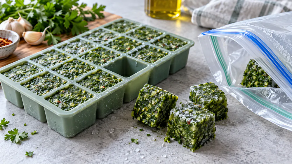 Green chimichurri frozen into portions in a silicone ice cube tray, ready to pop out and store in a bag.