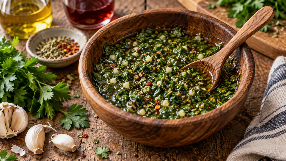 A wooden bowl of hand-chopped green chimichurri with visible flecks of parsley, garlic, and red pepper flakes, a spoon resting inside.