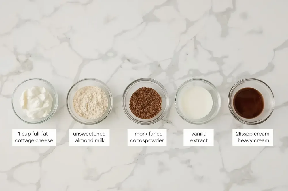 Ingredients for high-protein chocolate ice cream, including cocoa powder, cottage cheese, sweetener, chocolate milk, and vanilla, arranged around a Ninja Creami container with a scoop of chocolate ice cream in front.