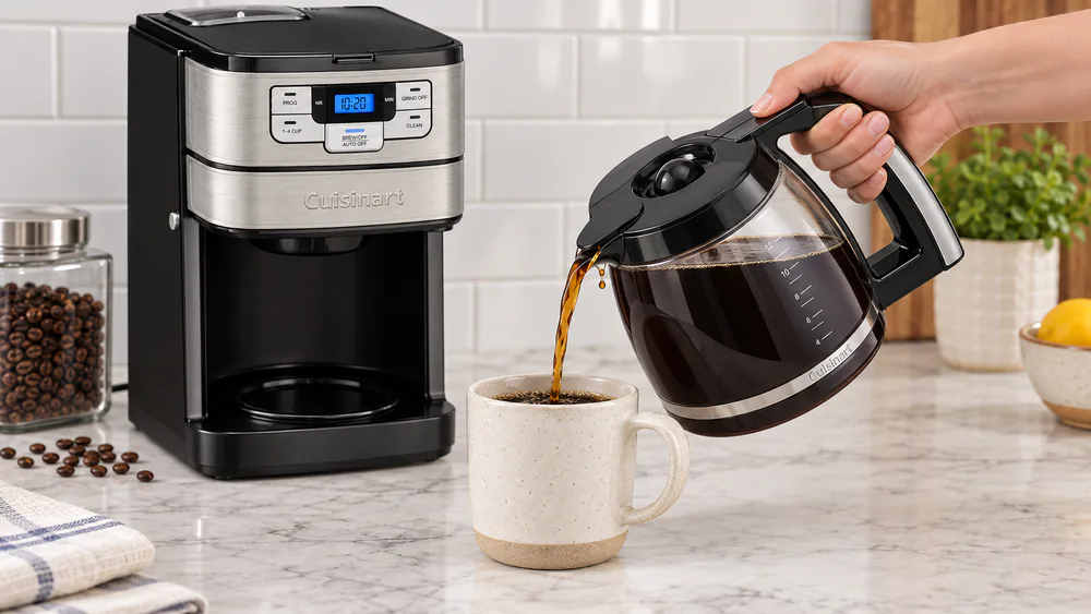 Glass carafe of the Cuisinart DGB-400NAS being poured carefully into a mug, with a thin line of coffee running down the spout
