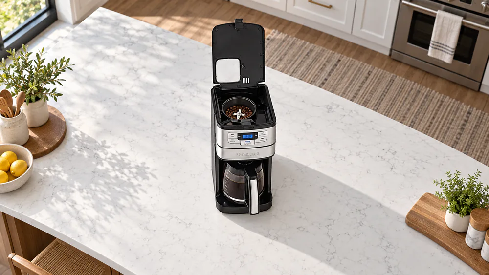 Open grinder chamber of the Cuisinart DGB-400NAS filled with whole coffee beans beside the water reservoir