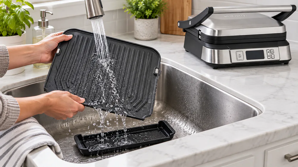 Removable Cuisinart Griddler plate and drip tray being rinsed in a kitchen sink