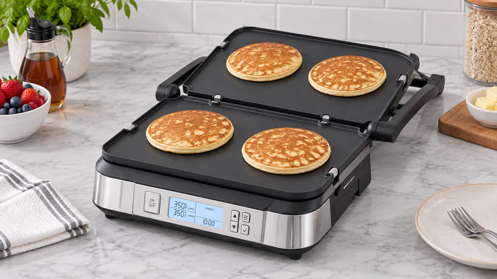 Golden pancakes cooking on the opened flat nonstick plate of a Cuisinart Griddler