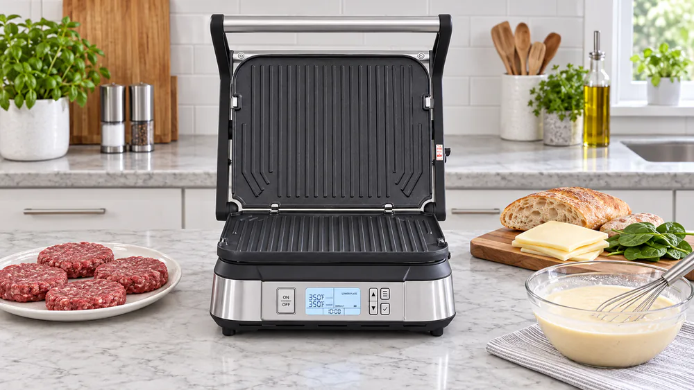 Cuisinart Griddler on a kitchen counter with burgers, panini ingredients, and pancake batter laid out beside it