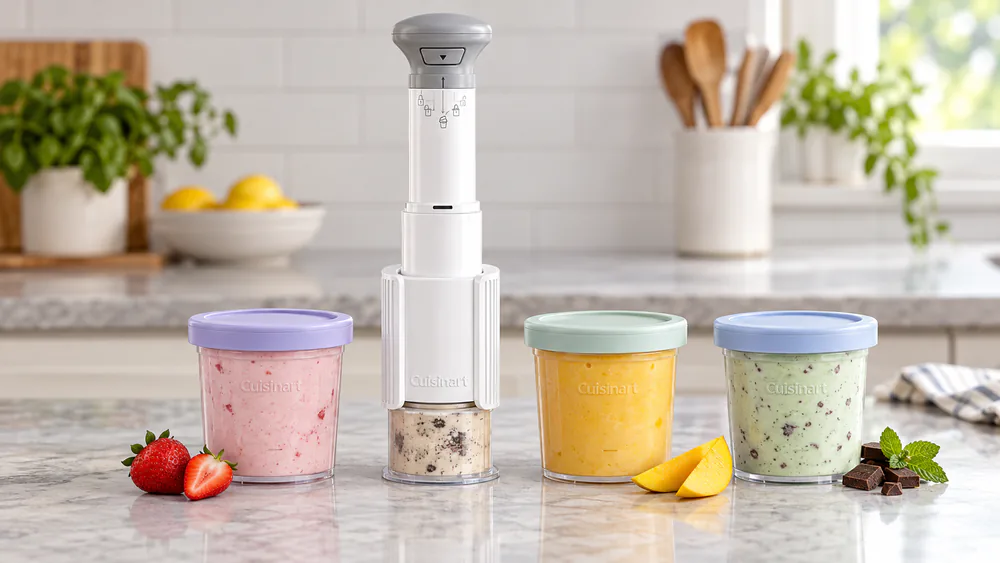 The handheld Cuisinart FastFreeze on a counter next to its three half-pint dessert cups with lids, the twist dial and plunge wand visible.
