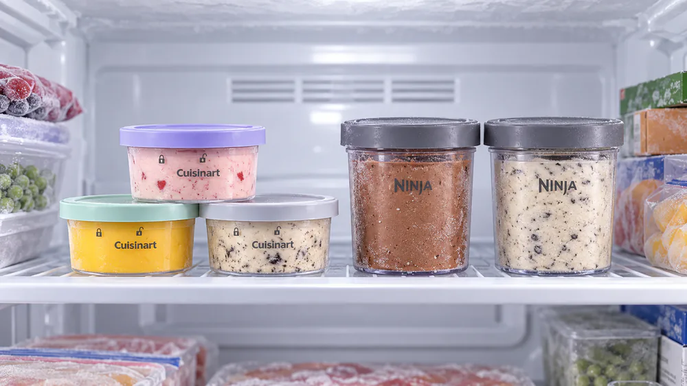 A freezer shelf holding the FastFreeze's flattened half-pint cups beside the Ninja Creami's taller pint containers.
