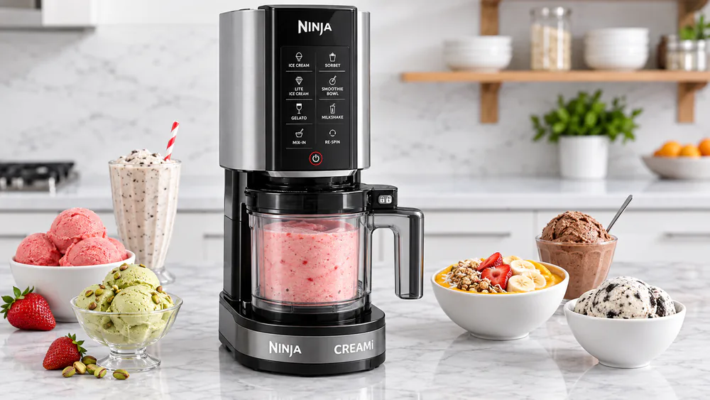 The Ninja Creami countertop unit on a kitchen counter with a filled 16-oz pint locked into its outer bowl.