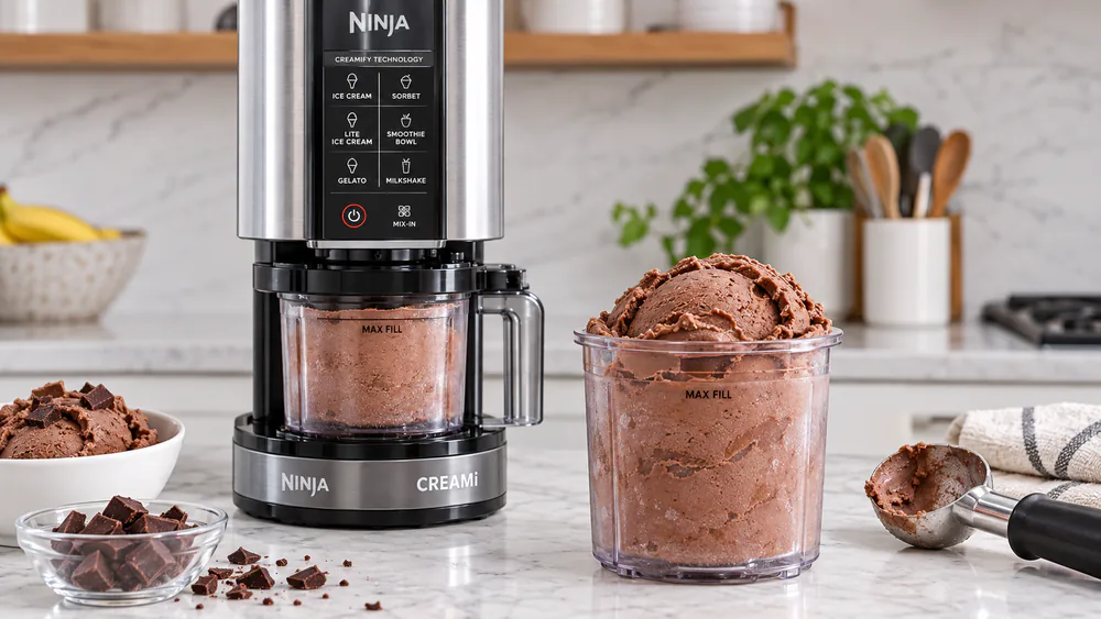 A Ninja Creami pint of chocolate protein ice cream, thick and scoopable, sitting on the counter.