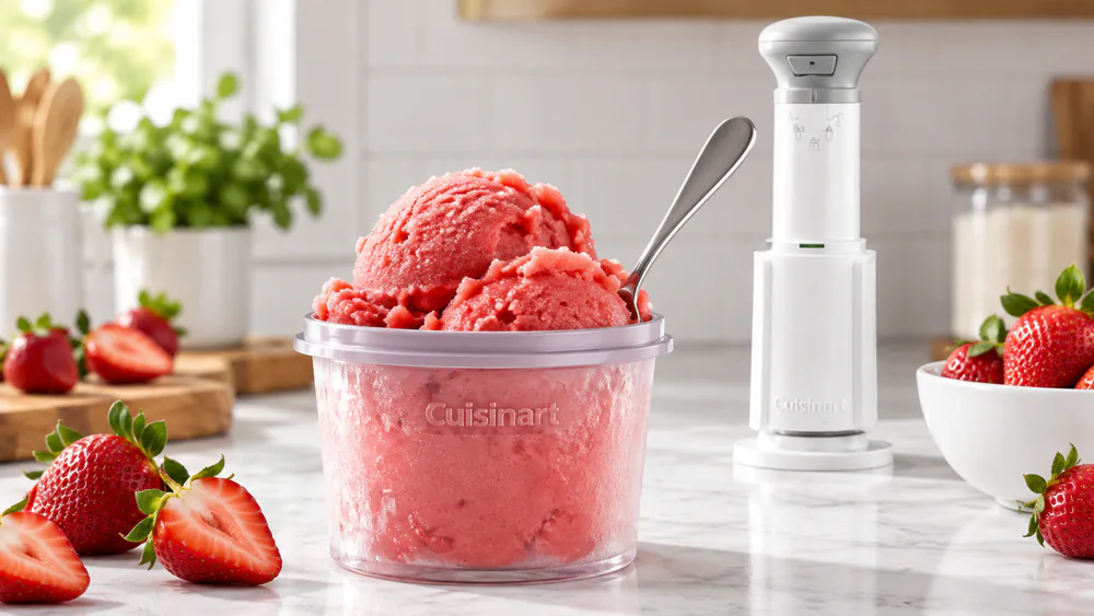 A half-pint cup of strawberry sorbet churned in the Cuisinart FastFreeze, with a spoon resting in the cup.