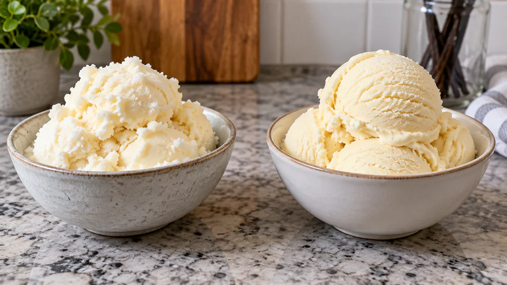 Two bowls of fresh-churned vanilla ice cream side by side, one from the Cuisinart FastFreeze and one from the Ninja Creami.
