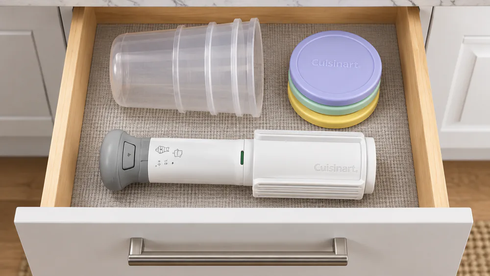 The FastFreeze wand and stacked cups stored flat in a kitchen drawer.