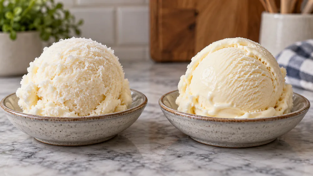 Two scoops of vanilla ice cream side by side, the smoother scoop from the Creami.