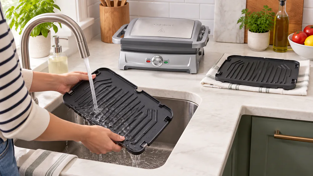 Removable nonstick Griddler Compact plates being rinsed at a kitchen sink