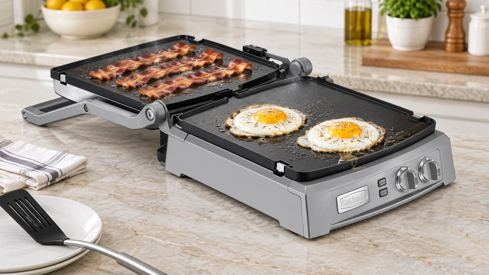 Cuisinart Griddler Deluxe opened flat as a full griddle with bacon strips and fried eggs cooking, grease running to the drip tray