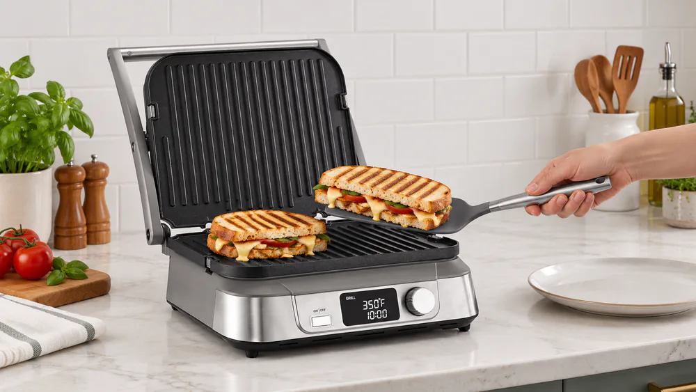 A golden pressed panini with grill marks lifted from the open Cuisinart Griddler Five plates