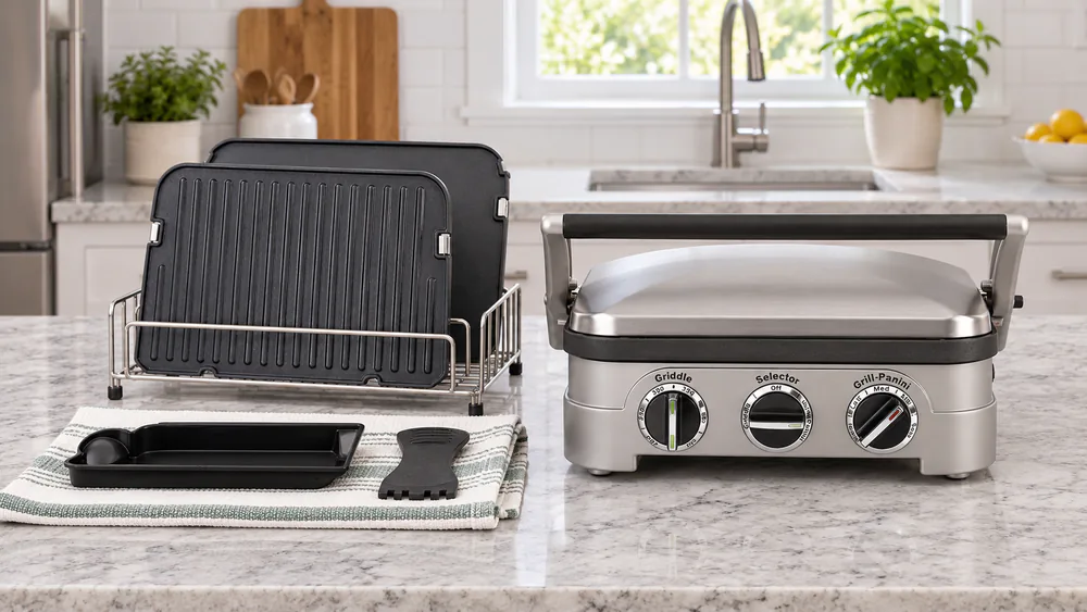 Reversible nonstick Griddler Gourmet plates lifted out of the unit and drying on a rack beside the drip tray and scraper