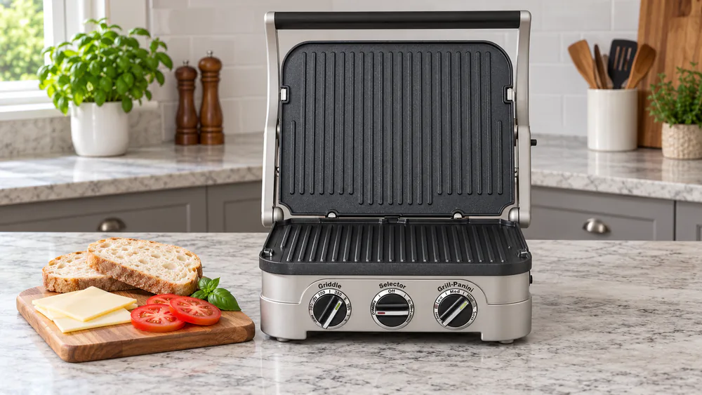 A Cuisinart Griddler open on a kitchen counter next to a cutting board of sliced bread, cheese, and sandwich fillings ready to press