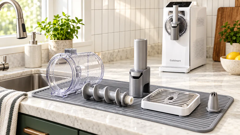 Removable Cuisinart ICE-200 auger, dispenser pieces, drip tray, and star tip arranged beside a sink for cleaning.
